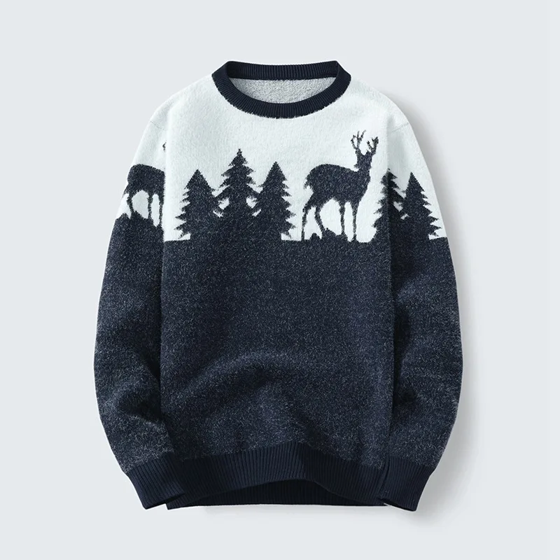 Knitted Sweater Men Casual Home Thermal Deer Pattern Pullover Round Collar Top Male Outerwear Autumn Winter Warm Bottoming Shirt