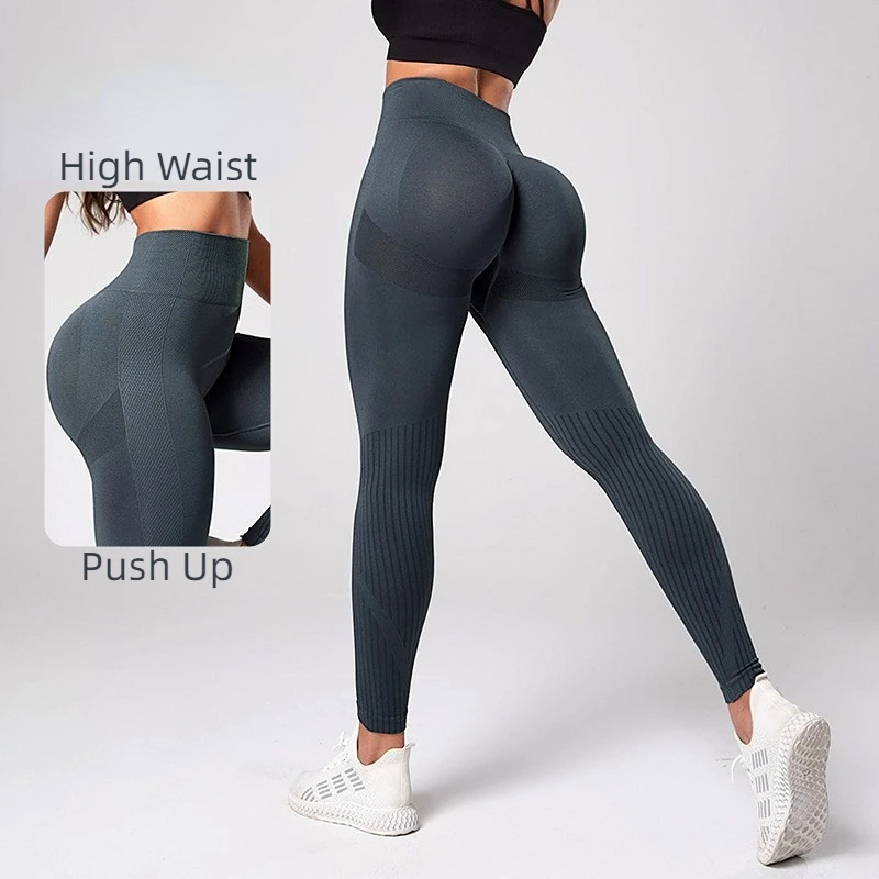 

Новинка, Бесшовные штаны для йоги с эффектом пуш-ап, однотонные спортивные Леггинсы с высокой талией для женщин, одежда в рубчик для отдыха, ...