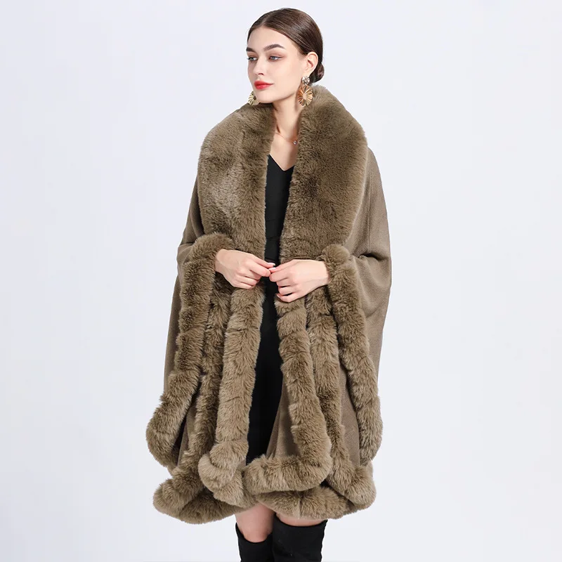 Europe America New Imitation Otter Rabbit Fur Collar Hooded Imitation Cashmere Loose  Ponchos Women Capes Khaki Cloak