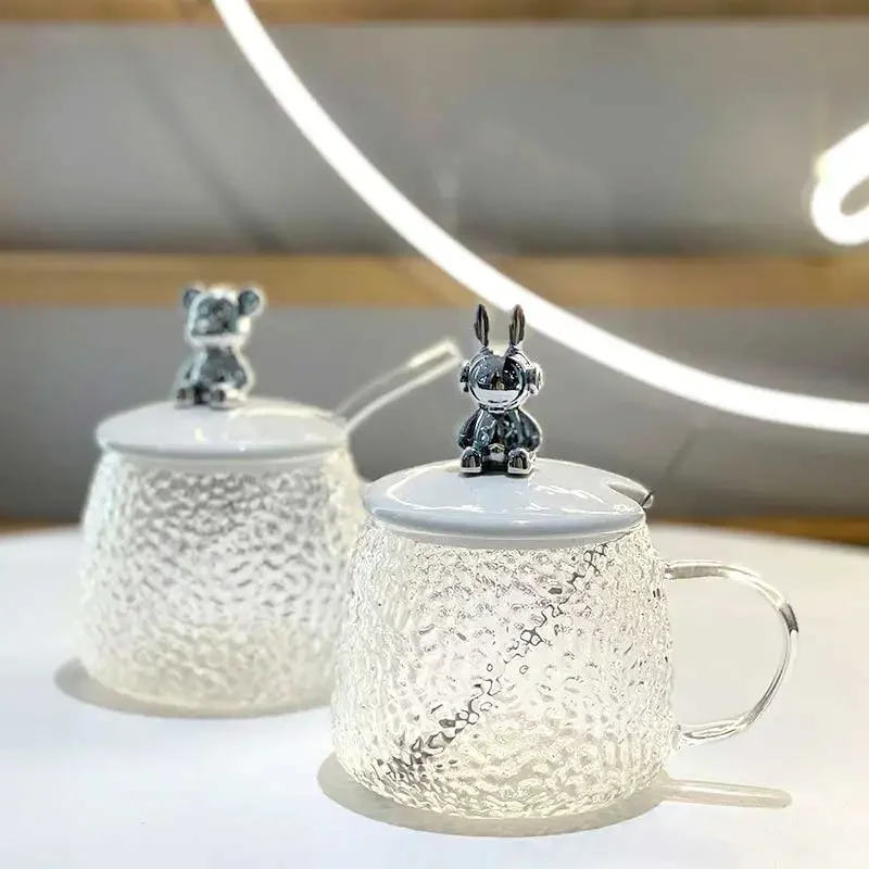 Стеклянная кружка с милым медведем крышкой и ложкой термостойкая стеклянная