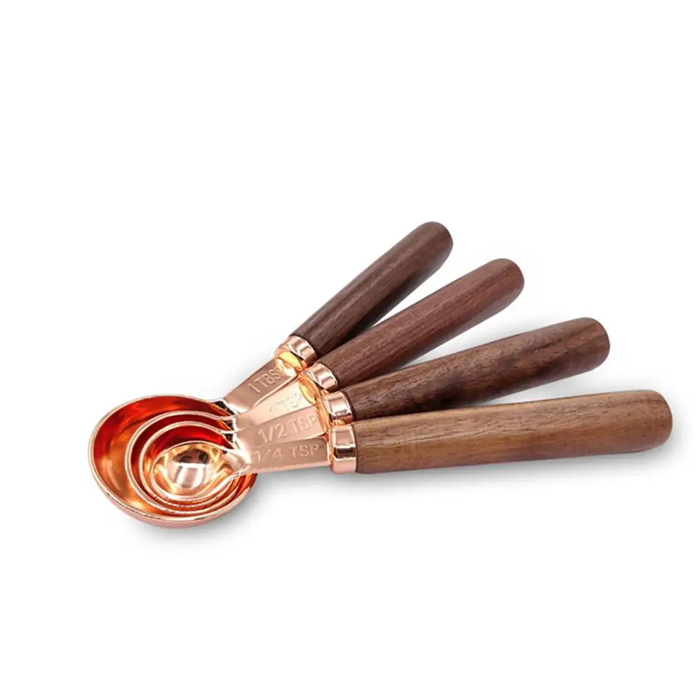 

4PCS Stainless Steel Rose Gold Measuring Spoon Set Walnut Handle Measuring Spoon For Home Kitchen