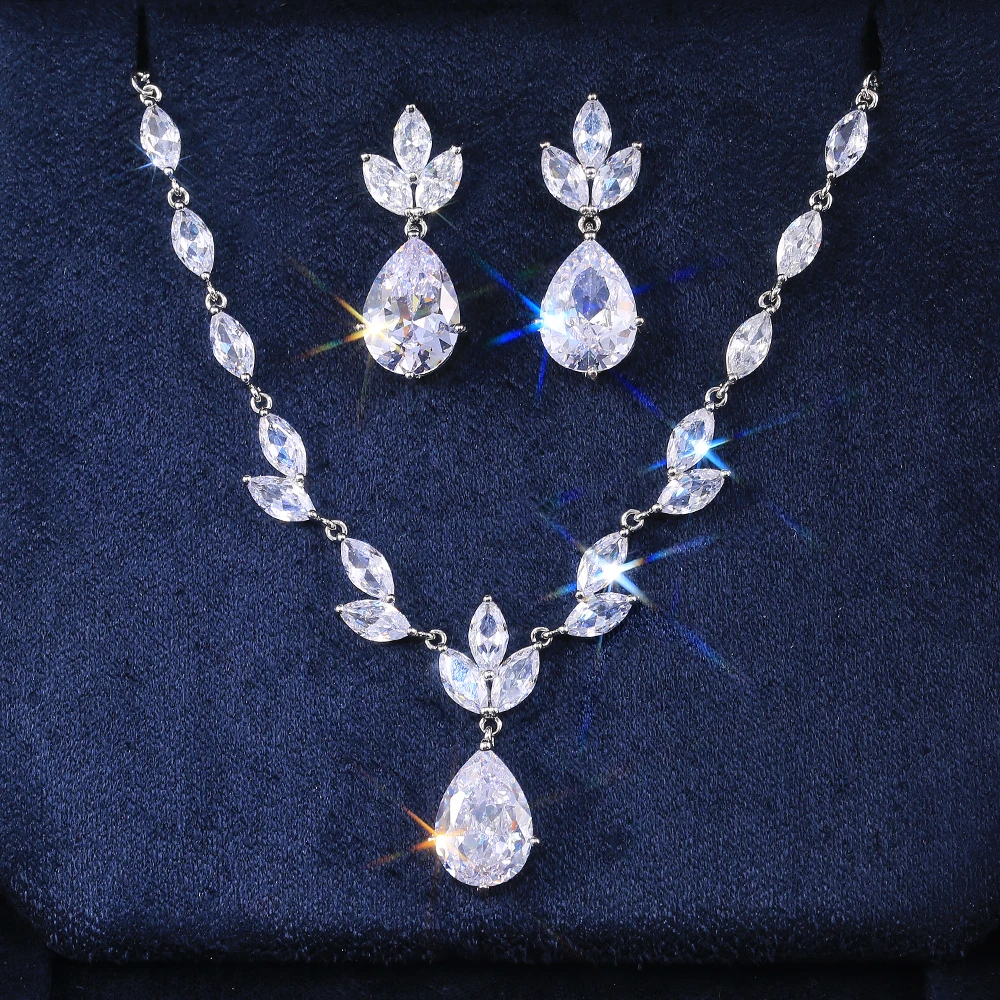

Huitan Fashion Necklace/Earring Jewelry Set Women Wedding Party High Quality Gorgeous Pear Shape Shiny Zircon Valentines Gift
