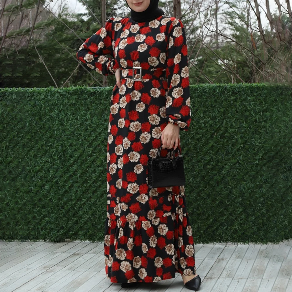 

O-collar Maxi Dresses Women Long Bundle Sleeve Slim Waist Muslim Vestido Two-color Floral Print Patchwork Loose Abaya Femme Robe