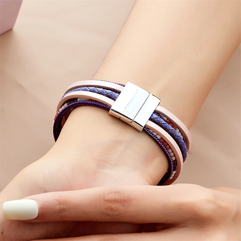 Женский многослойный кожаный браслет с магнитной пряжкой