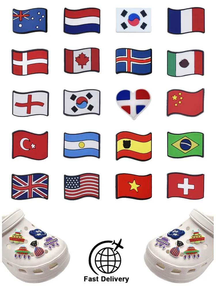 

1Pcs PVC National Flag for Crocs Charms DIY Badge Women Sandals Buckle Kids Pins Decoration Jeans Shoe Accessories X-mas Gift