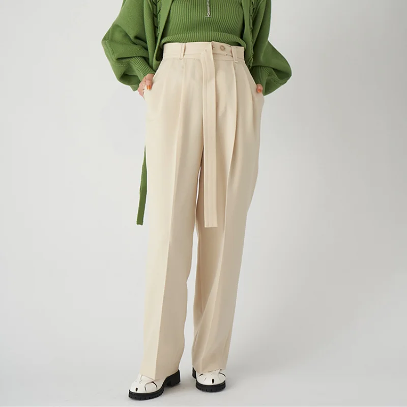 

Simple Office Lady Stright Pants Spring High Waist Elegant Solid Trousers for Women Loose Casual Belt Long Pantalones Mujer
