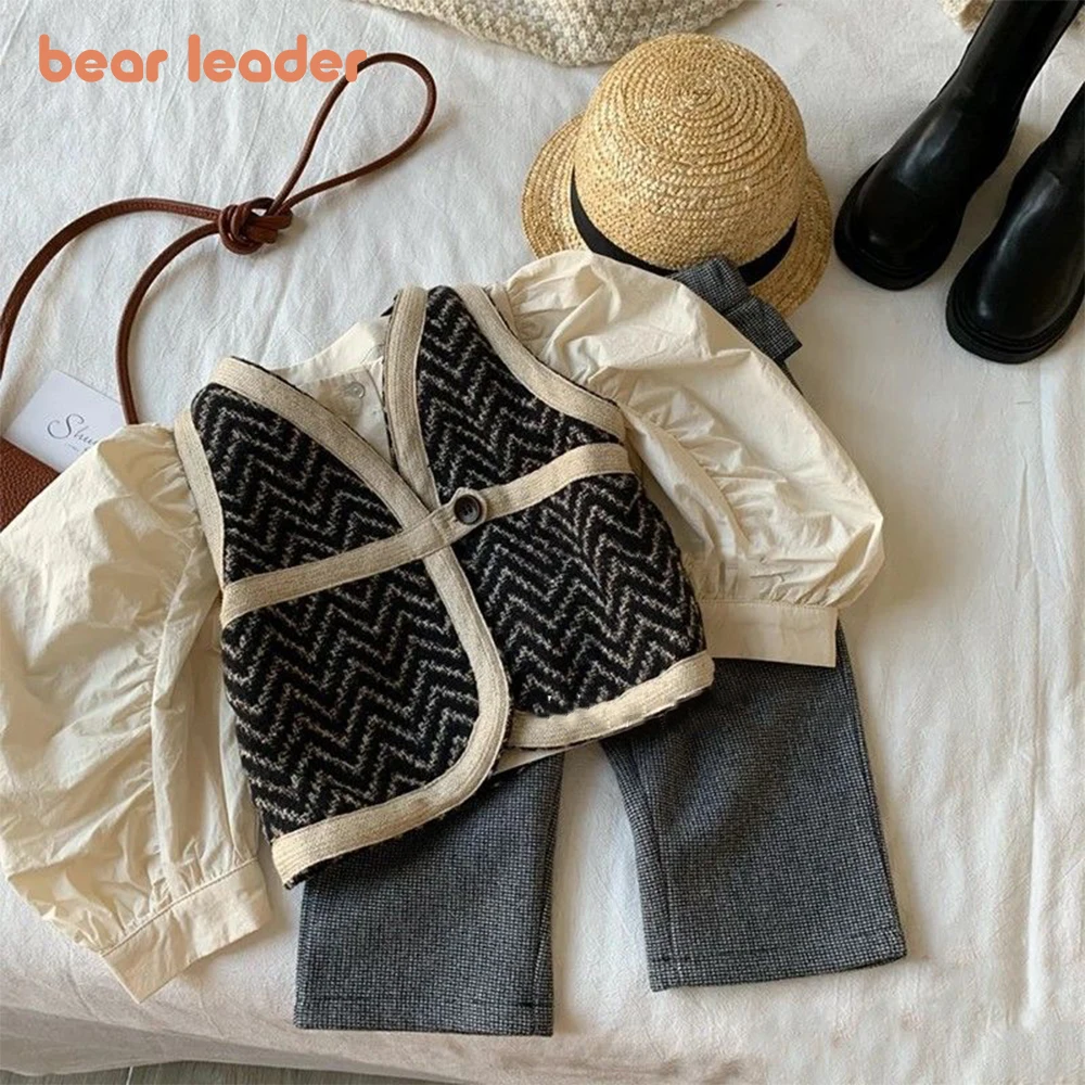 

Bear Leader Girls' Set 2023 New Girls' Round Neck Long Sleeve Shirt+Knitted Vest+Pants Three Piece Cute Casual Set For Children