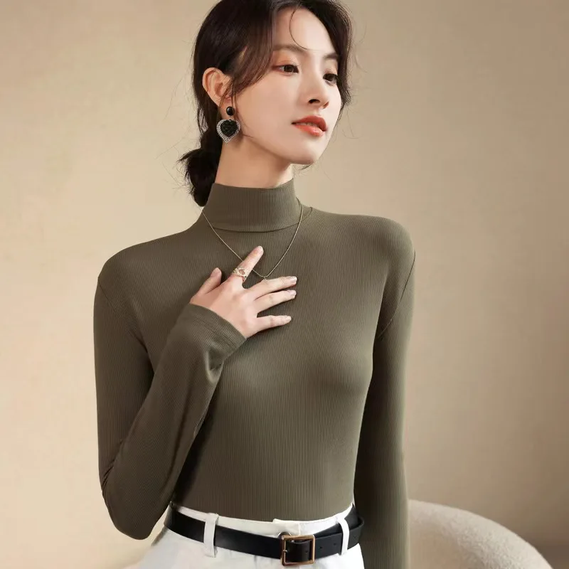 

Long Sleeve T-shirts Women autumn Vintage All-match Elegant Turtleneck Ulzzang Slim Leisure Simple Ladies Solid Fashion 2023 New