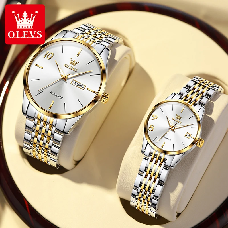 OLEVS Fashion Couple Watches New Waterproof Luminous Simple White Dial Luxury Couple Watch Stainless Steel Strap Weekly Calendar