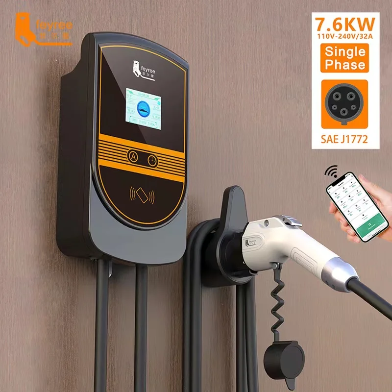 feyree EVSE Wallbox J1772 Adapter Type1 Cable 32A 7.6KW EV Charger Type2 Wallmount Charging Station APP Control for Electric Car
