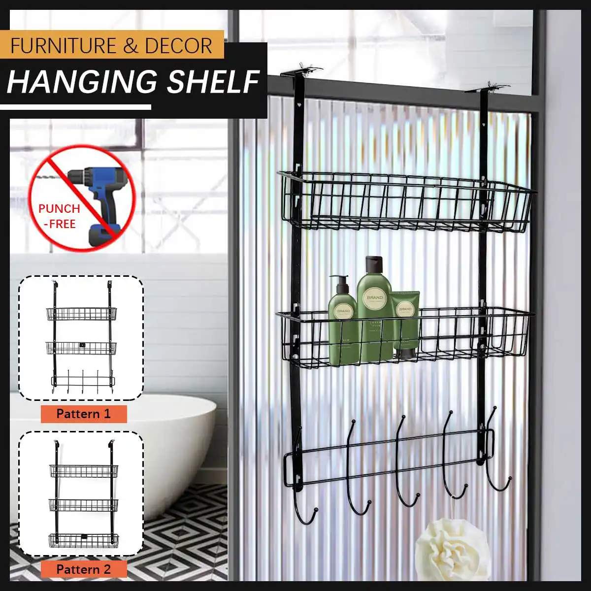 

2/3Tiers Black Hanging Bath Shelves Bathroom Shelf Organizer Nail-free Shampoo Holder Storage Shelf Rack Kitchen Sundries Basket