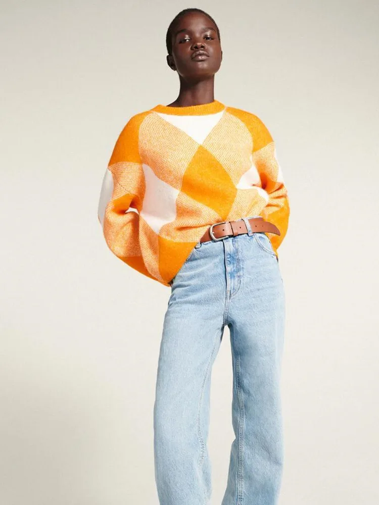 Женский вязаный свитер Za Свободный пуловер с рисунком ромбиками джемпер для