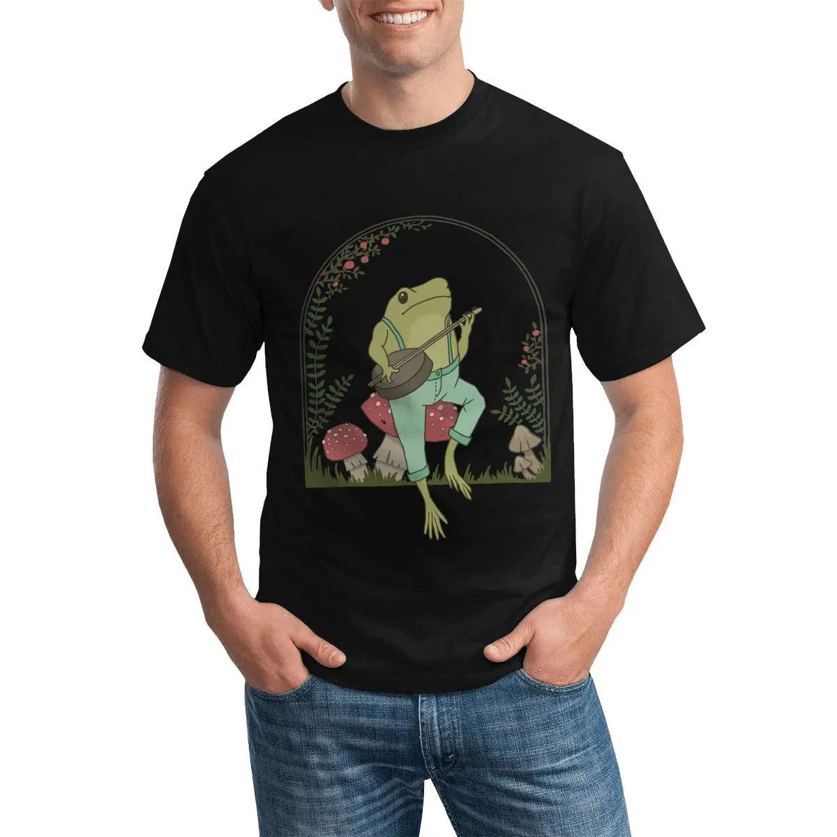 

Хлопковая Винтажная Футболка Cottagecore с принтом в виде лягушки, играющей, банджо, грибов, популярная футболка из 100 хлопка с круглым вырезом