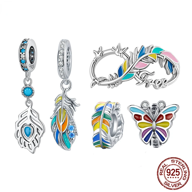 

925 Sterling Silver Peacock Feather Pendant fit for Women Original Bracelet & Bangle Colored Feather Charms Fine Jewelry