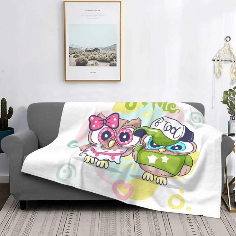 

Cartoon Animation Blanket Fleece Flannel Cute Plaid Cool Owl Couple Throw Blankets For Office Plush Thin Quilt