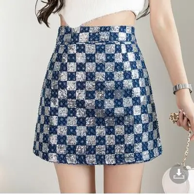 

Spring Mini Denim Skirts Women Fashion Sequined Skirts Women Sequined Plaid Skirts Femme Denim Skirt