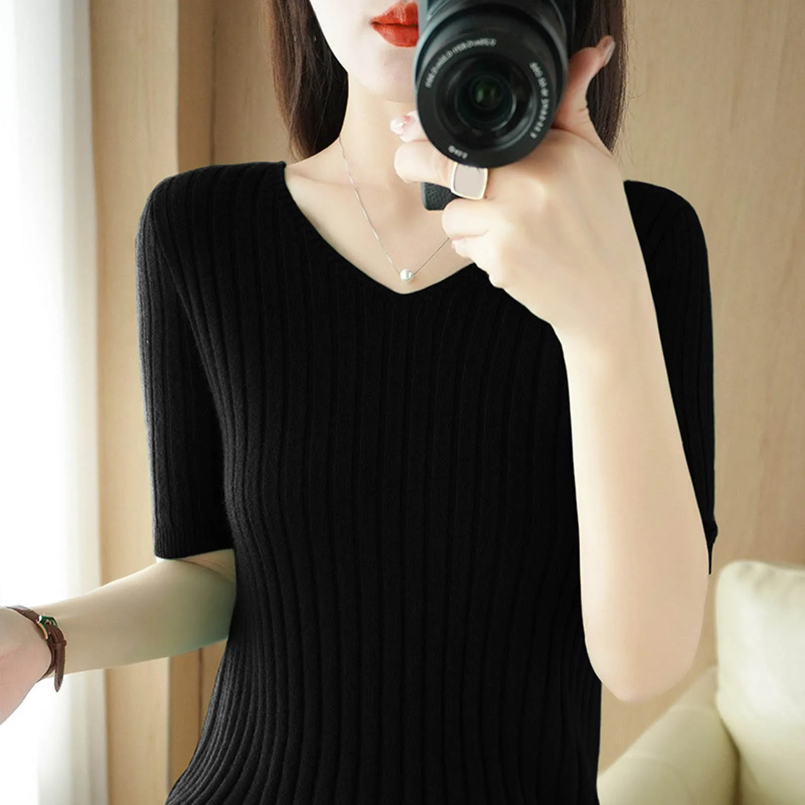 Женские свитера с v-образным вырезом базовый трикотаж короткими рукавами