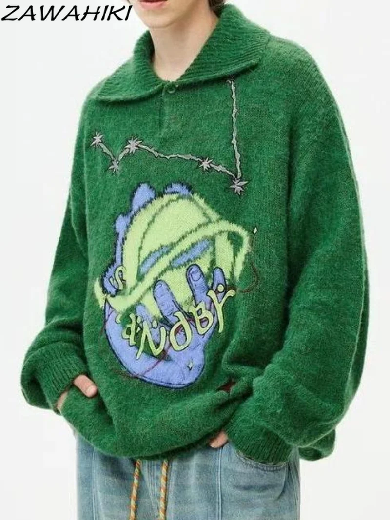 

Зеленый женский свитер, милый пуловер из хлопковой ткани с вышивкой, Повседневная зимняя винтажная Модная вязаная одежда, вязаный джемпер г...