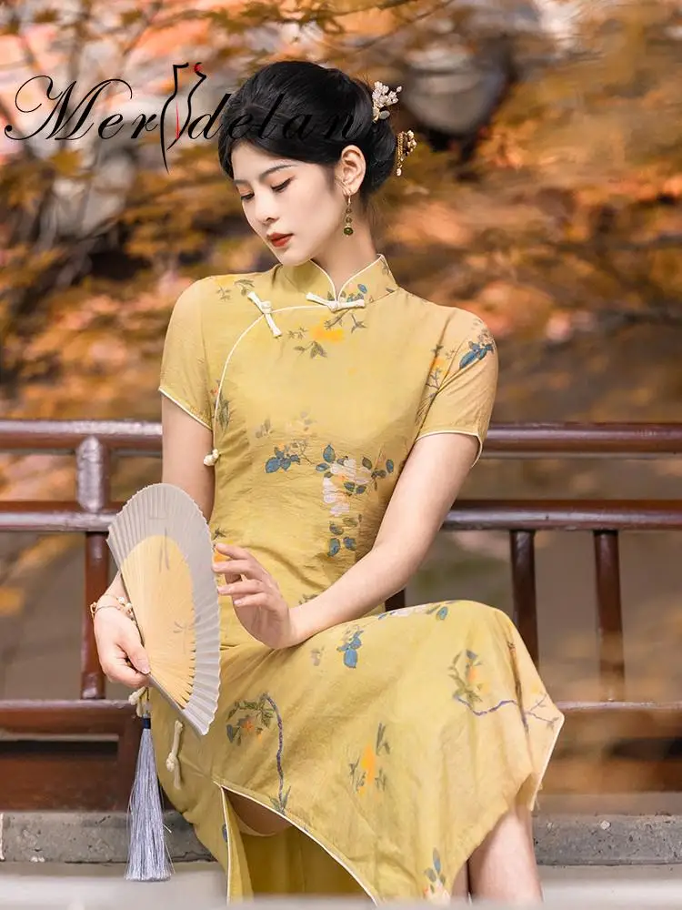 Китайское винтажное платье-Ципао Merdelan, улучшенное ретро элегантное приталенное длинное платье в республиканском стиле, традиционная одежд...