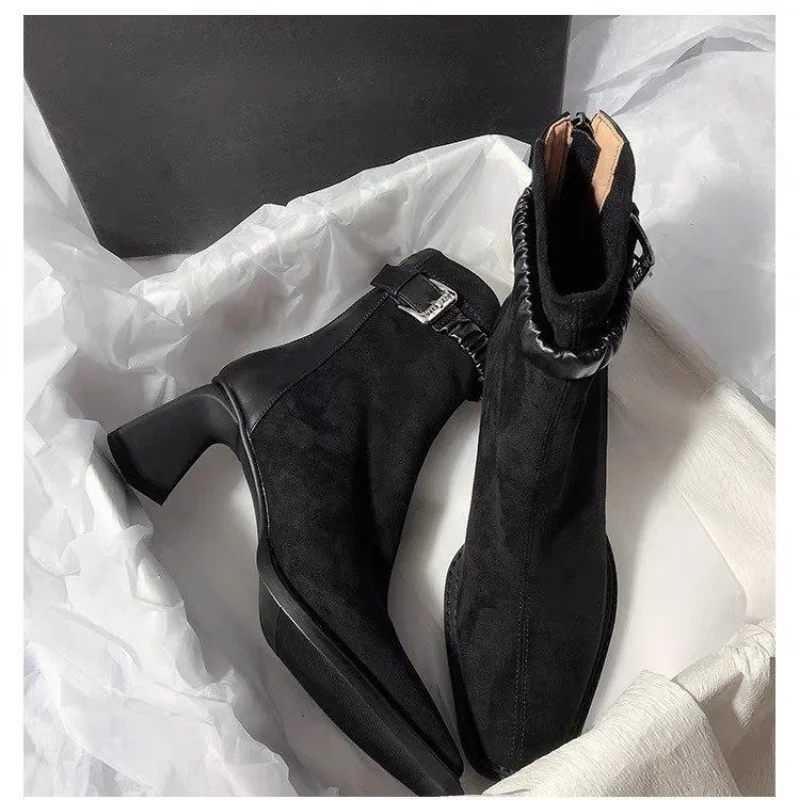 Женские ботильоны на высоком каблуке с квадратным носком модная замшевая