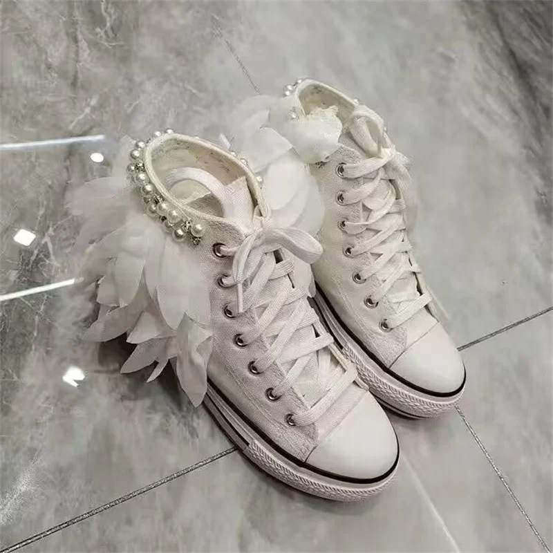 

Холщовые туфли ручной работы со шнуровкой на шнуровке, женская повседневная обувь на шнуровке с высоким берцем и жемчугом, женская и мужская модель 35-46