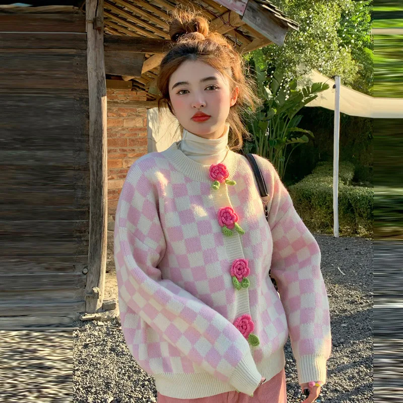 

Женский вязаный свитер в клетку, Розовый Повседневный Свободный кардиган в Корейском стиле с длинными рукавами, аппликацией и цветами, Осень-зима