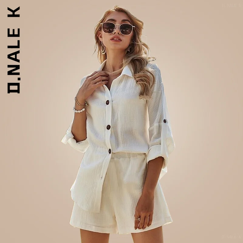 

D.Nale K Women Set New Slim Suits For Women Ladies Shorts Sets Elegant Cotton Linen Shorts Sets Loose Female Tracksuit Set