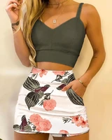 woman chic solid sexy v neck sleeveless top and floral print skinny pocket shorts set