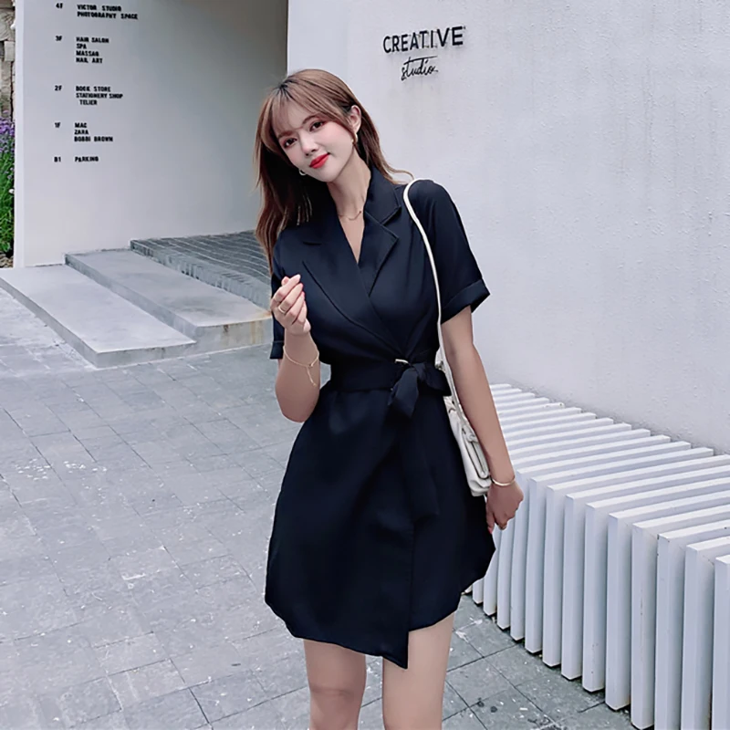 

COIGARSAM Women's Summer Dress 2022 New French Style Office Lady Vintage Notched V-Neck Black Dresses Dropshipping