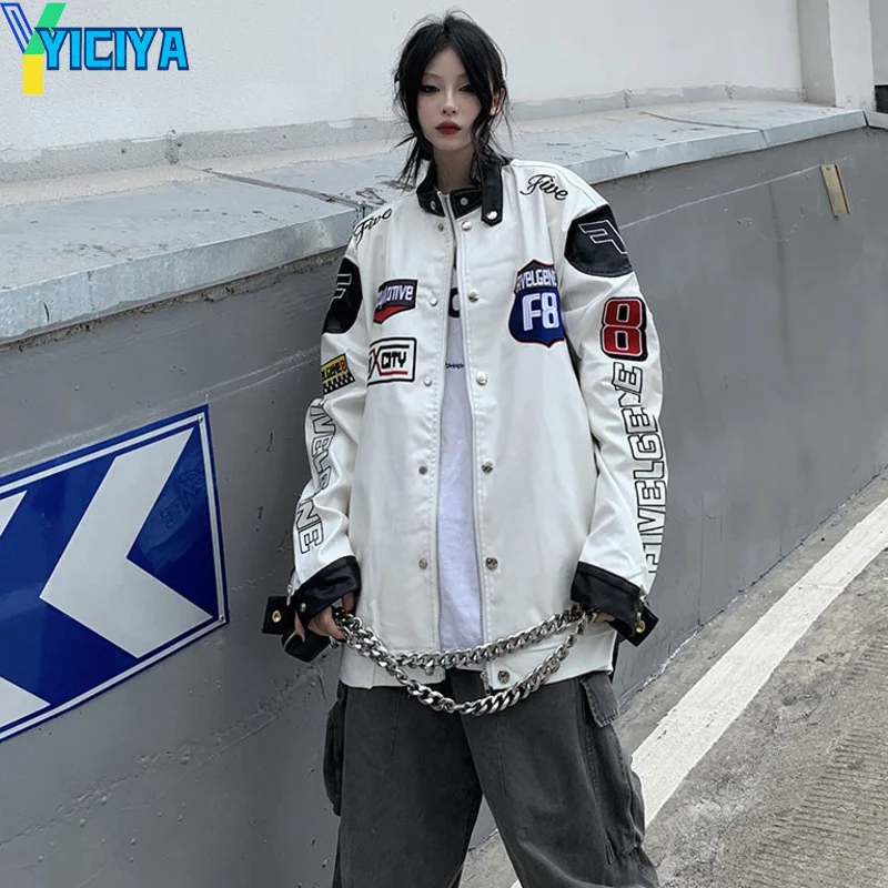 

YICIYA Bomber Woman Varsity Leather Jacket Breasted Black Racing Motorcycle University Baseball Jacket Y2k Long Sleeves Coat Top
