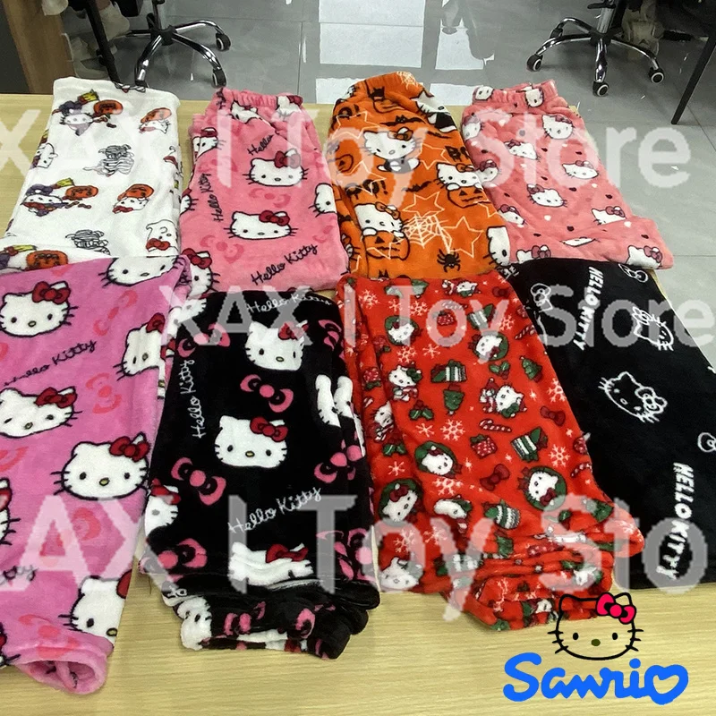 

2023 Sanrio Hello Kitty Pajamas Halloween Flannel Fashion Trouserswomen Kawaii Woolen Anime Cartoon Casual Home Autumn Pants