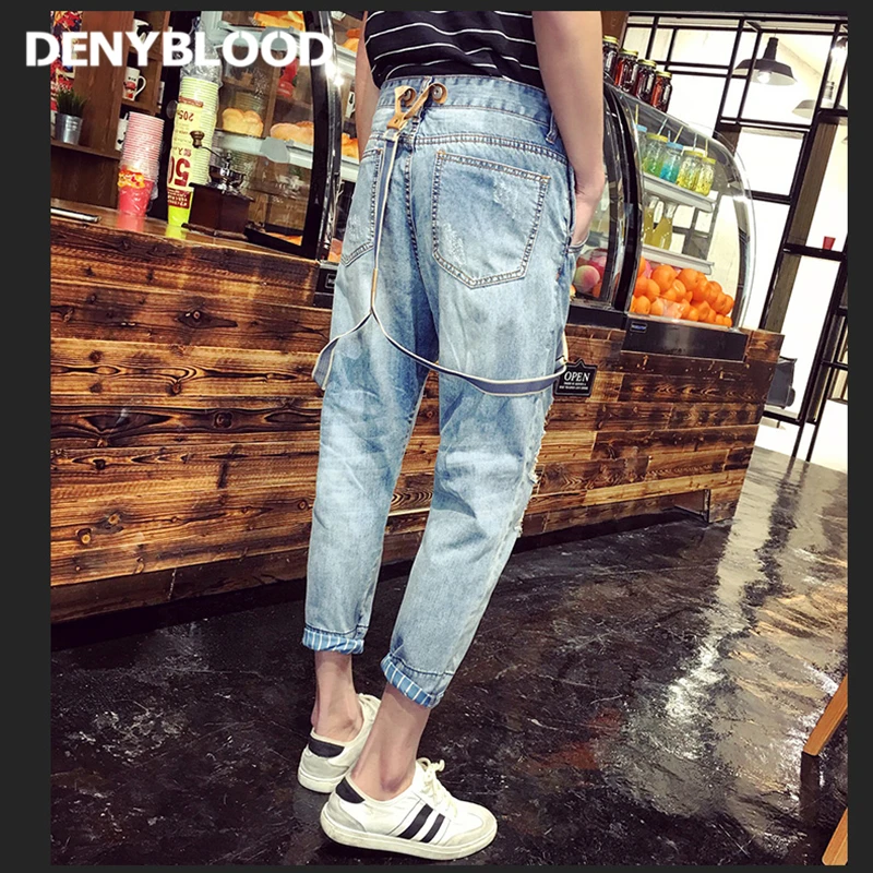 Mens Darked Wash Denim Overall Distressed Jeans Ripped Bib Pants Patchwork Jumpsuits Male Calf-length Jeans Pants 9381