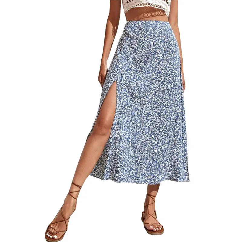 

Женская юбка с цветочным принтом, Повседневная трапециевидная юбка из полиэстера, с разрезом и завышенной талией, лето 2022
