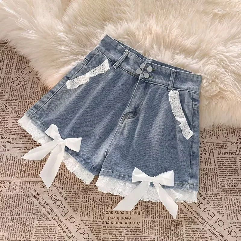 Girly Denim Shorts 2023 Summer New Lace-trimmed Bow Decoration Loose A-line Jeans Shorts Japanese Style Thin Pants Summer Attire