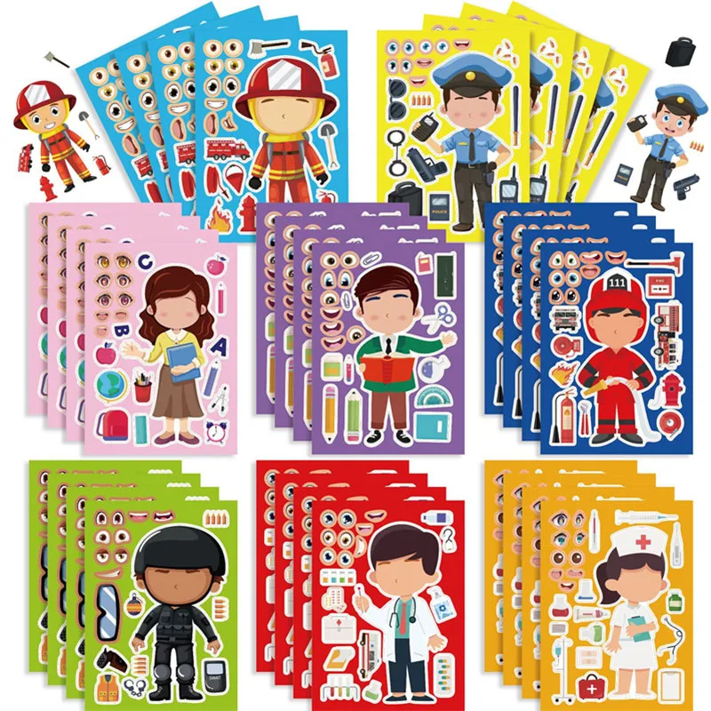 

Children Make a Face Stickers DIY Your Own Nurses Doctors Firefighters Teachers Police Officers Puzzle Sticker Kids Eduction Toy