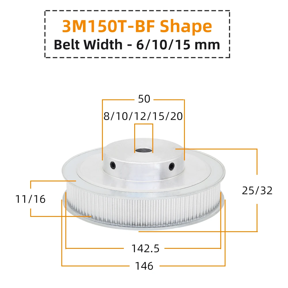 3M150T Шкив электродвигателя BF Шаг формы 3 0 мм Круг-дуга Зуб Легкосплавные колеса