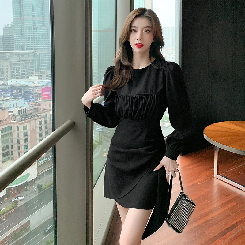 

Женское цельнокроеное повседневное платье, новые весенние офисные однотонные лоскутные платья в Корейском стиле с длинным рукавом и кругл...