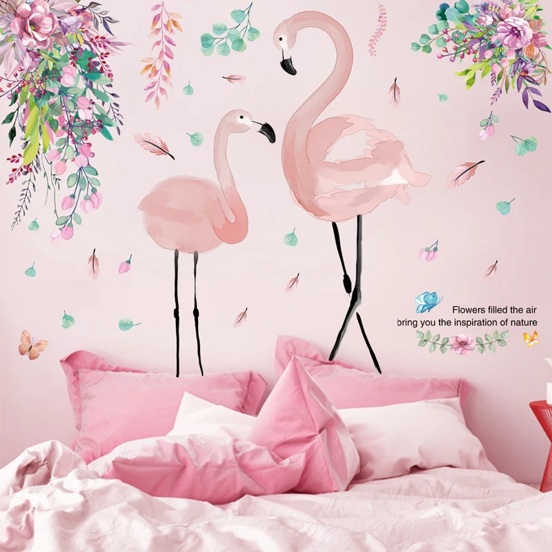 

[shijuekongjian] Flower Leaves Wall Sticker DIY Flamingo Animal Wall Decals for Living Room Kids Bedroom Nursery Decoration