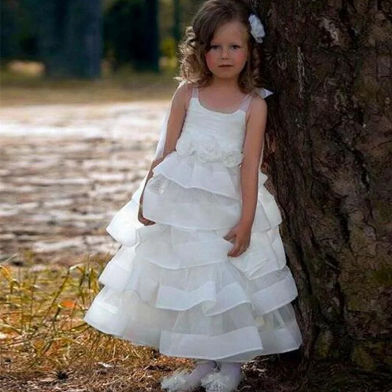 

White Ruffle Satin Edge Flower Girl Dress for Wedding Ankle Length Spaghetti First Communion for Princess Gown Celebrity Dresse