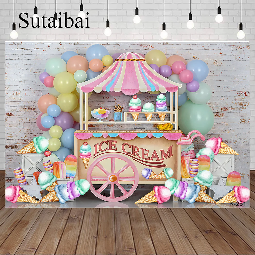 

Candy Bar Shop Theme Backdrop Decor Ice Cream Car Cupcake Lollipop Sweet Baby Birthday Party Photography Background Photo Studio