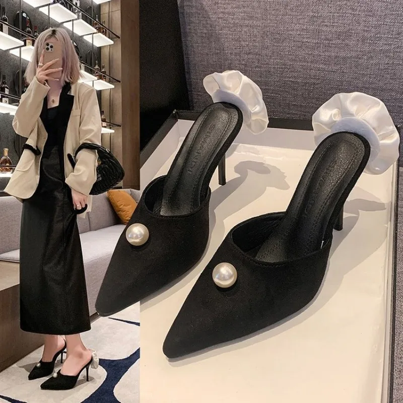 Черные Атласные Туфли-лодочки С Острым Носком Туфли На Высоком Каблуке Женские