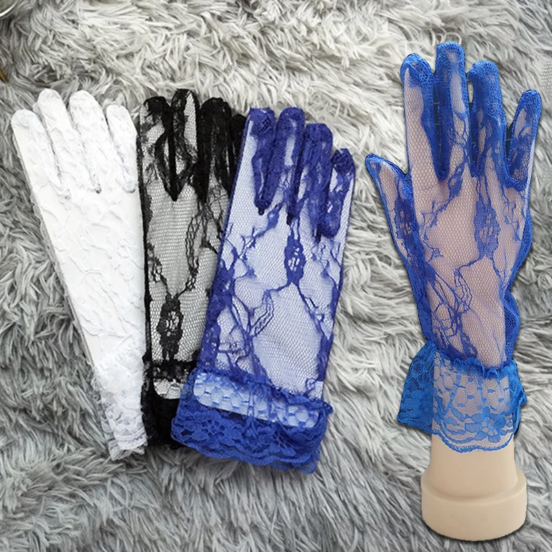 

2Pcs Women Lace Sexy Gloves Party Full Finger Sunscreen Short Mittens Anti-UV Elastic Thin Summer Driving Dressy Gloves