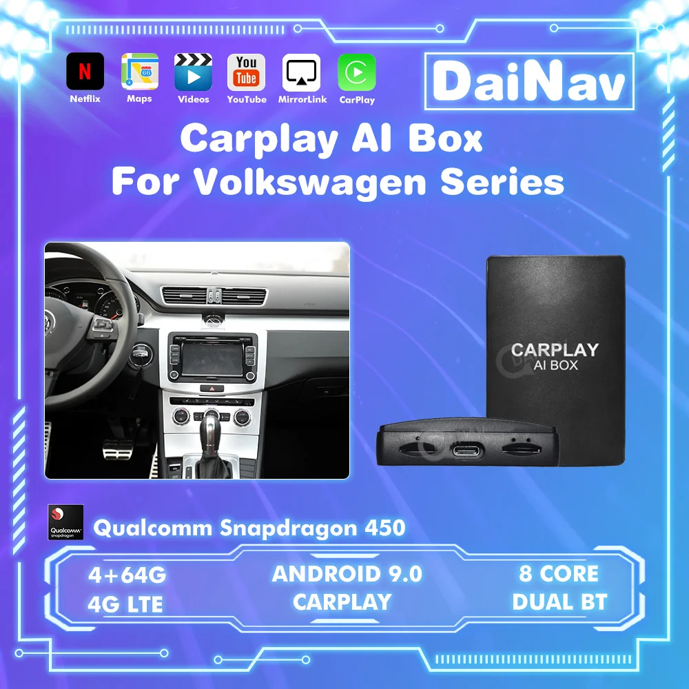 

Беспроводной автомобильный мультимедийный плеер CarPlay Ai Box для Volkswagen, Android 9, подключи и играй на Youtube, Netfix для Volkswagen Series