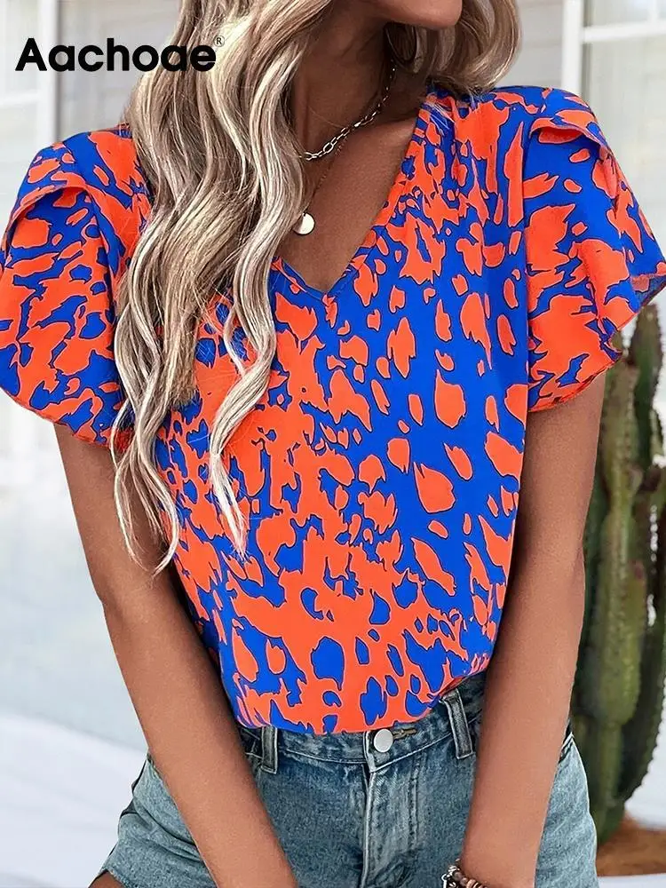 

Aachoae Women Chic Printed Blouses Shirts Casual V Neck Short Sleeve Blouse Tops Ladies Summer Basic Blouse Top