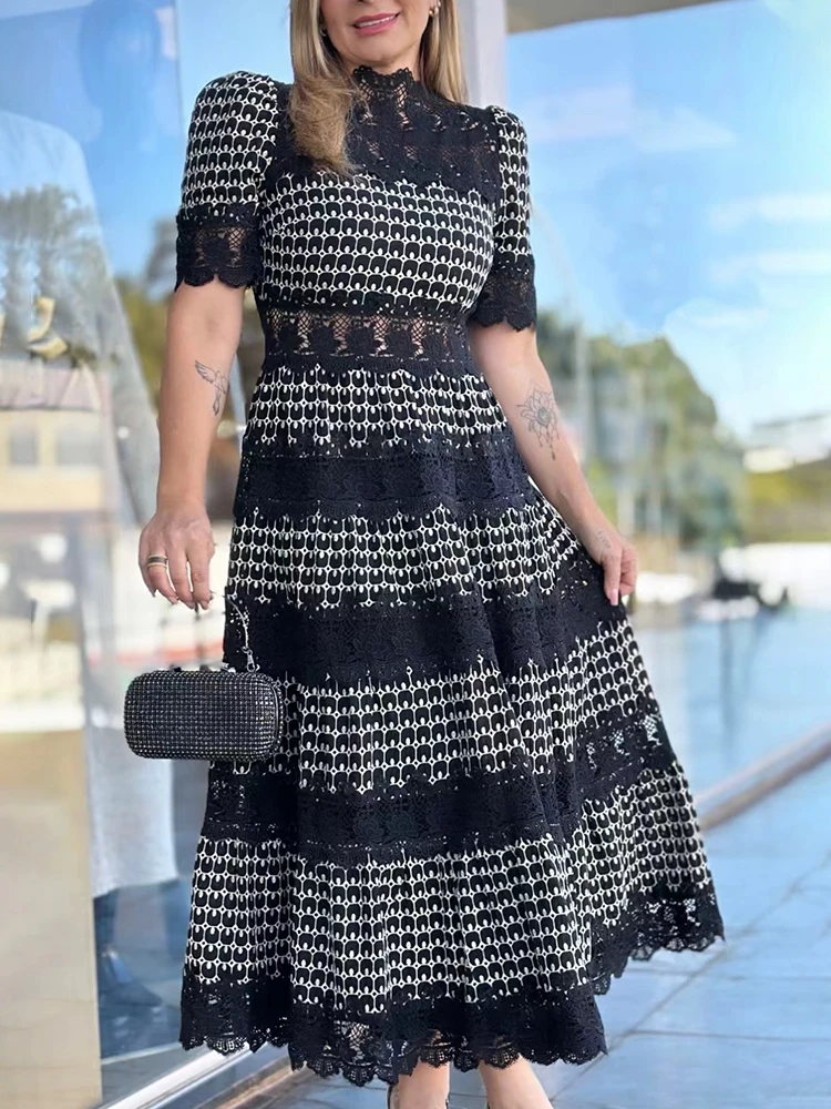 VGH винтажное платье с принтом женское воротником-стойкой коротким рукавом и