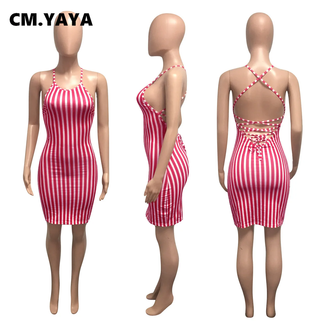 Женское мини-платье в полоску с открытой спиной и воротником-хомутом | Женская