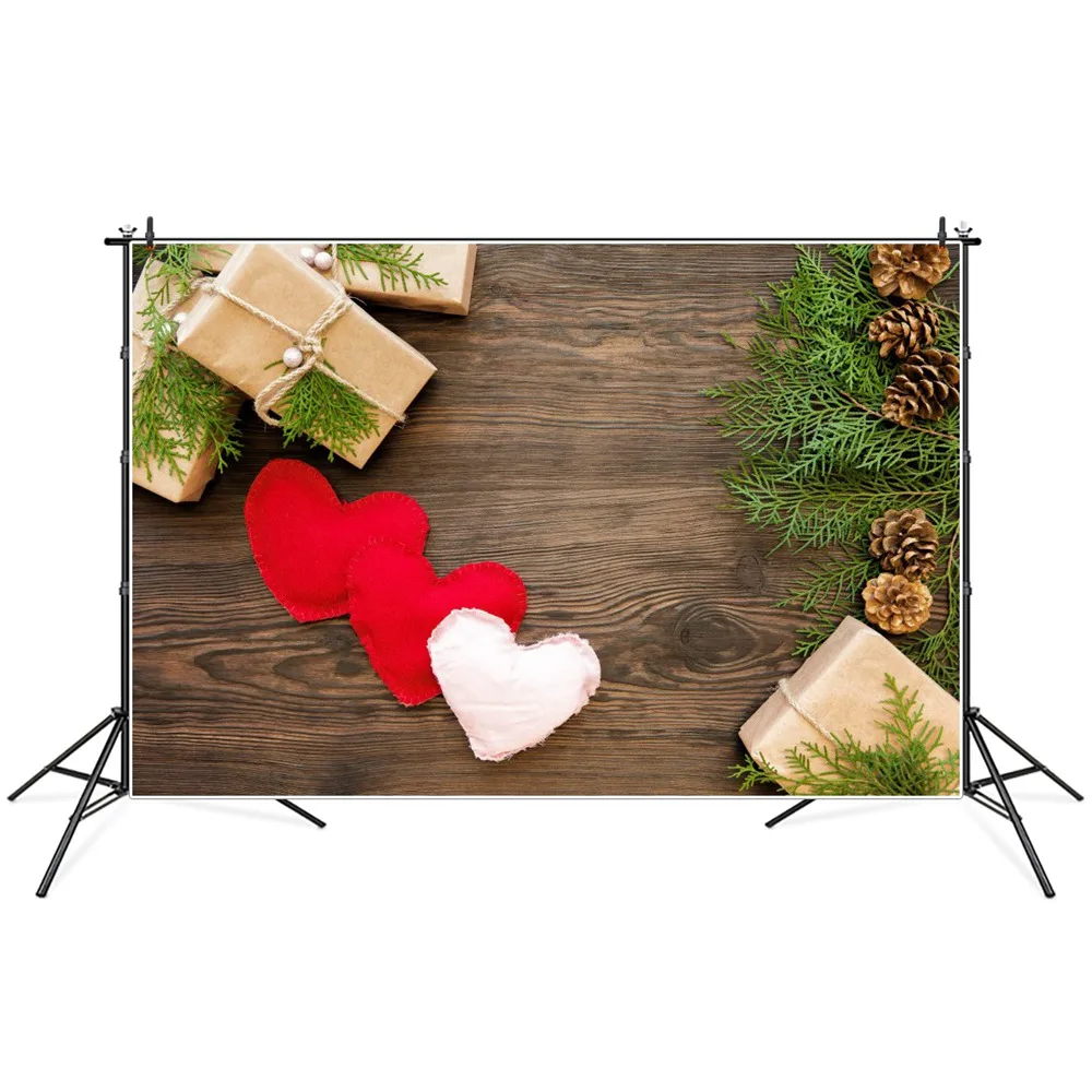 

Christmas Hearts Gift Pine Cones Wooden Board Planks Photography Backdrops Custom Baby Party Decoration Photo Booth Backgrounds