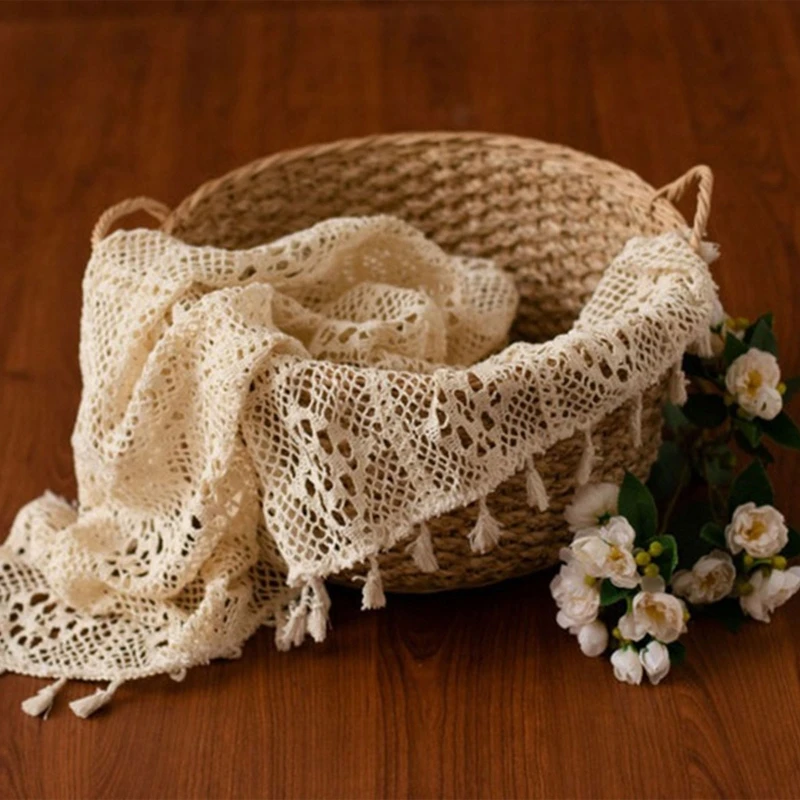 

Newborn Baby Photography Props Blankets Vintage Tassel Blanket for Hollow Basket A2UB