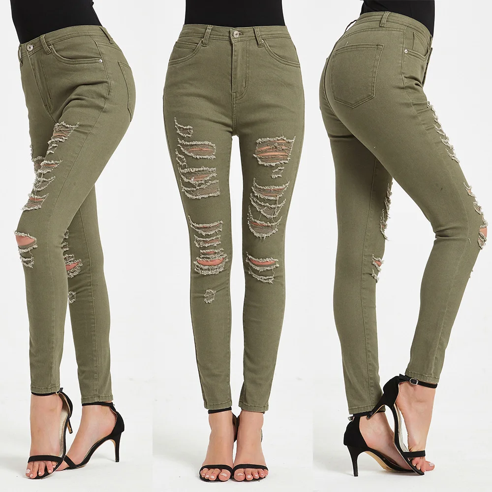 

[ring Height]new Style Solid Military Green Tight Trousers with Holes for Casual Women's Trousers Jeans for Women