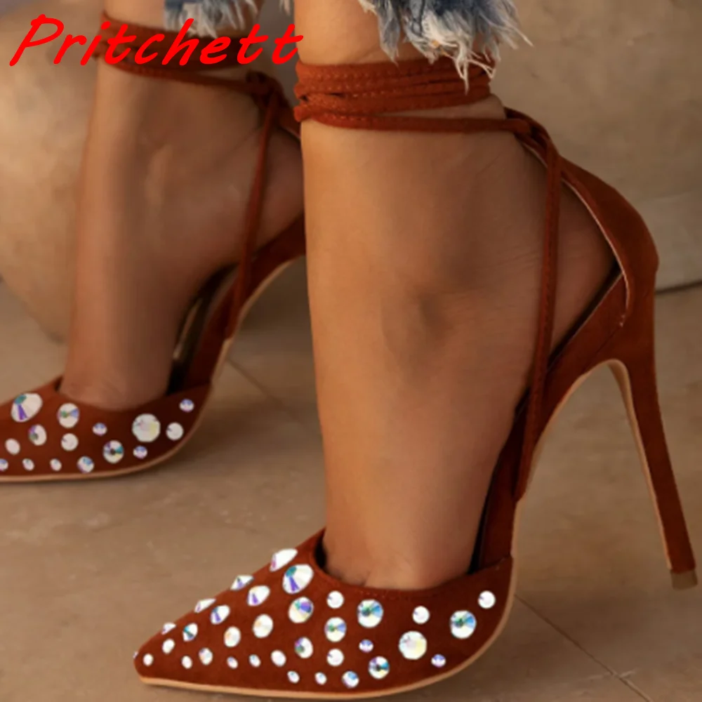 

Crystal Blingbling Women's Pumps Red Flannel Pointed Toe Ankle Strap High Stiletto Heels 2023 Sexy Party Fashion Autumn Pumps